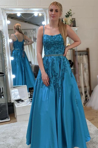 A Line Open Back Blue Lace Long Prom Dresses with Belt, Blue Lace Formal Dresses, Blue Evening Dresses Y174