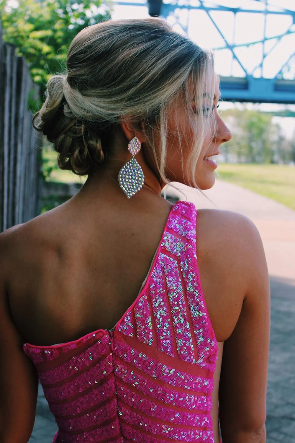 Sparkly Mermaid Strapless Hot Pink Sequins Prom Dresses With Slit  Y1631