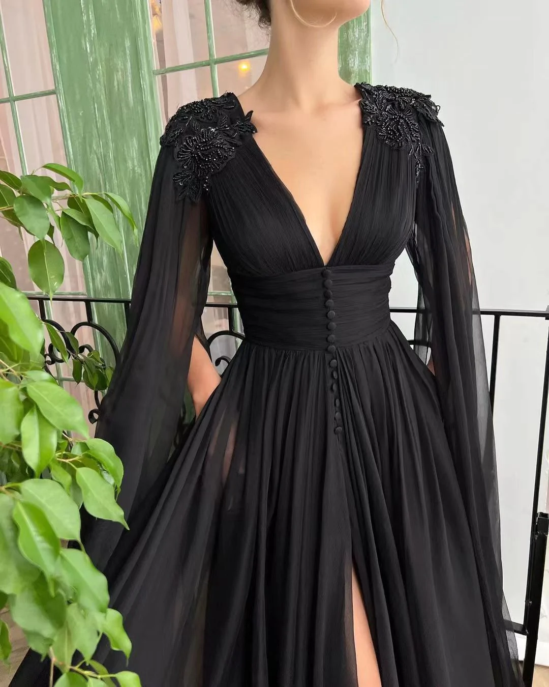 V-neck Black Tulle Prom Dresses, Elegant Prom Dresses, Newest  Prom Dresses, A-line Prom Dresses Y56