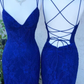 Spaghetti Crossed Straps Royal Blue Mermaid Prom Dresses V Neck Lace Formal Dresses Y1192