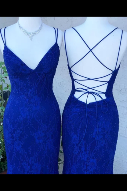 Spaghetti Crossed Straps Royal Blue Mermaid Prom Dresses V Neck Lace Formal Dresses Y1192