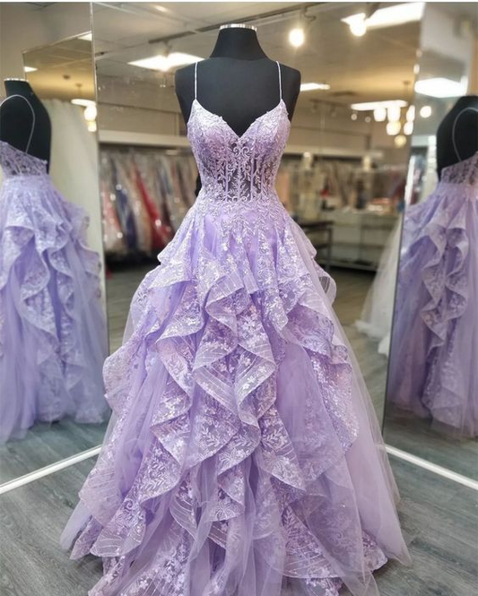 Spaghetti Straps Lilac Prom Dresses Evening Gowns with Sheer Bodice Y881