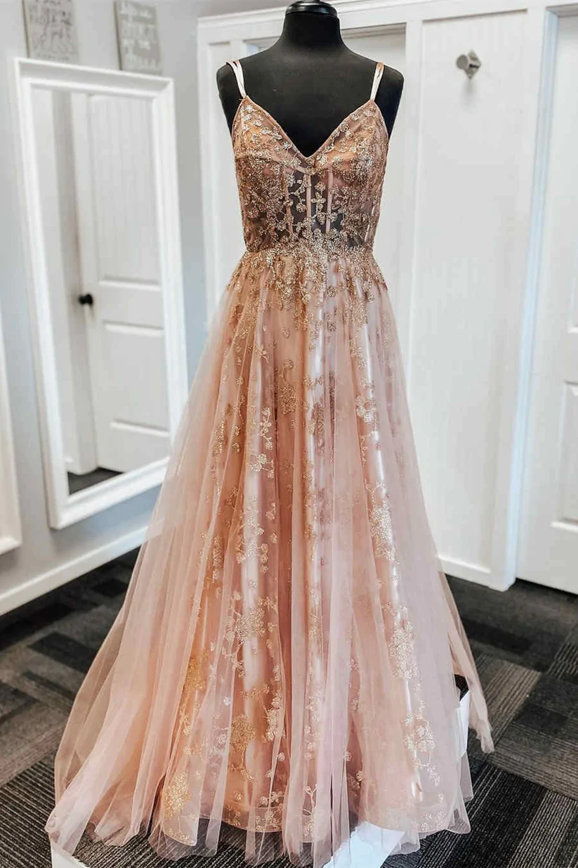 A-Line Straps Blush Pink Prom Dress with Embroidery Y1162