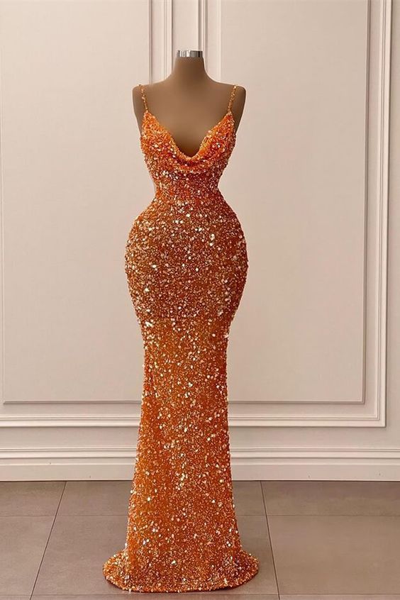 Orange V-Neck Mermaid Spaghetti-Straps Long Prom Dress With Sequins Y59