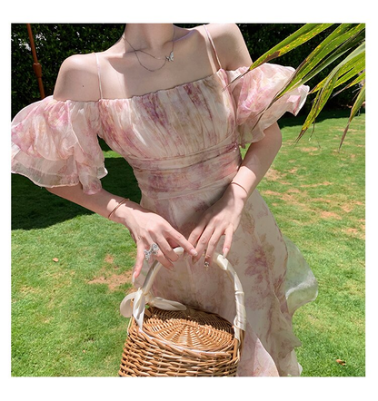 Long Dress Women French Romantic Popular Floral Bubble Sleeve Boat Neck Sling Beach Holiday Summer Dresses,Charming Prom Dress Y1856