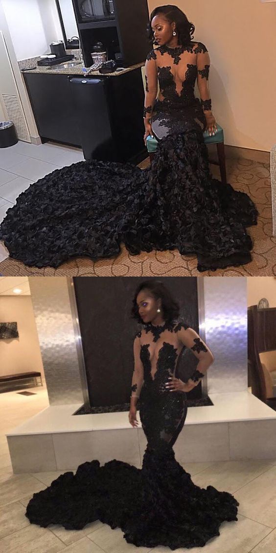 Mermaid Black Prom Dress Lace Long Sleeve African Prom Dress Y1255