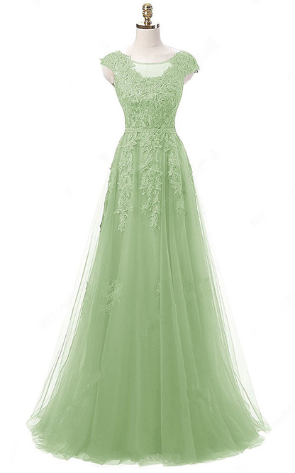 A Line Scoop Neck Tulle Floor Length Appliques Lace Light Green Long Prom Dress Y834