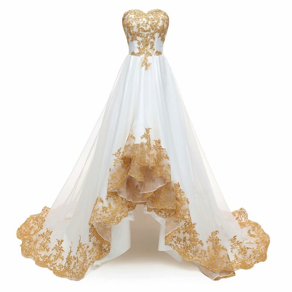 High Low Prom Dresses Sweetheart Neckline Sleeveless Zipper Back Chapel Train Tulle Lace Applique Party Dress Formal Gown Y603