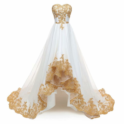 High Low Prom Dresses Sweetheart Neckline Sleeveless Zipper Back Chapel Train Tulle Lace Applique Party Dress Formal Gown Y603