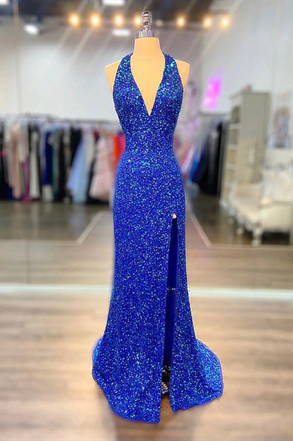 Halter Neck Royal Blue Long Prom Dresses, Shiny Royal Blue Long Formal Evening Dresses Y124