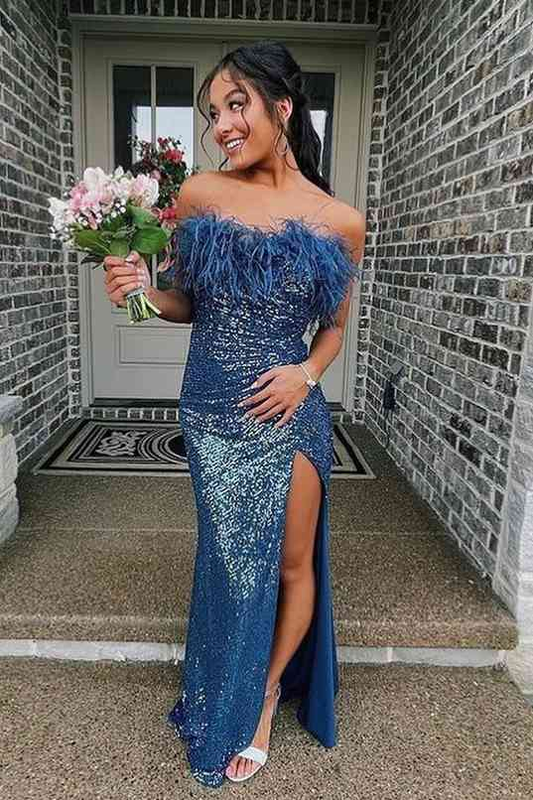 Sequins Blue Strapless Feather Long Prom Dress with Slit Y1863