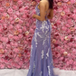 V Neck Mermaid Open Back Purple Lace Long Prom Dresses with High Slit, Mermaid Purple Formal Graduation Evening Dresses Y344