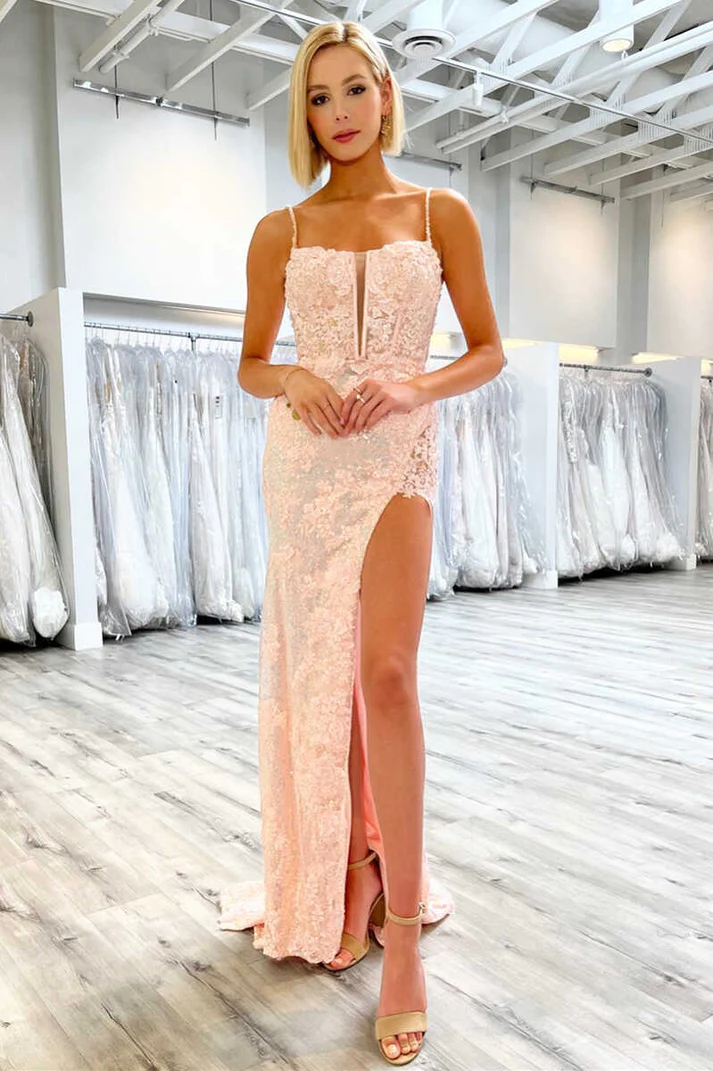 Sequins Lace Spaghetti Straps Long Prom Dress with Slit Y1680