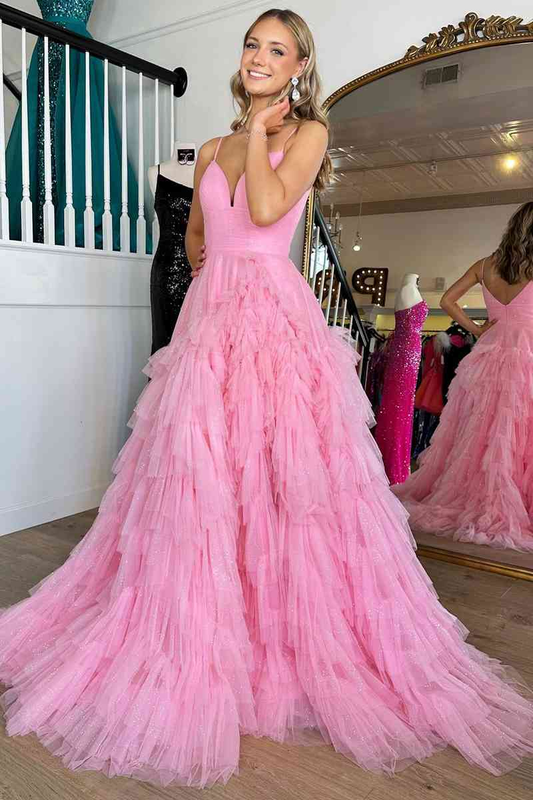 Princess Pink Strappy Frill-Layered A-Line Long Prom Dress Y1873