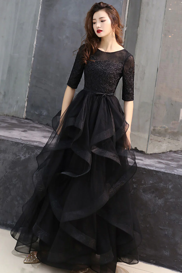 Black round neck tulle lace long prom dress, black formal dress Y255 Simplepromdress Black round neck tulle lace long prom dress, black formal dress Y255 Simplepromdress