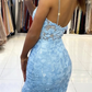 Mermaid V Neck Backless Blue Lace Long Prom Dress, Mermaid Blue Lace Formal Dress, Blue Lace Evening Dress Y1465