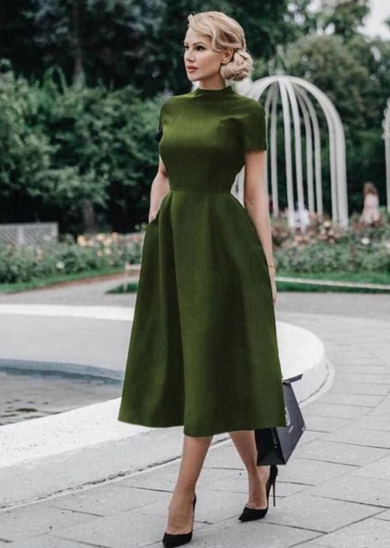 Olive Green A-line Satin Tea-length Prom Dress Vintage Party Dress Y69 Simplepromdress Olive Green A-line Satin Tea-length Prom Dress Vintage Party Dress Y69 Simplepromdress