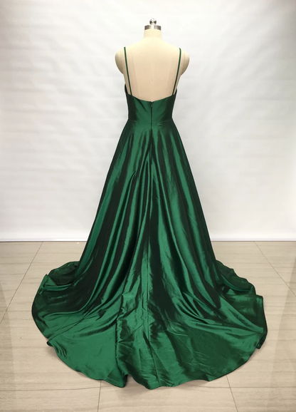 Spaghetti Straps Emerald Green Taffeta Long Prom Dress Y1582