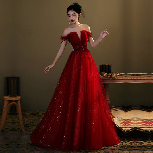 Red Tulle V-neck Long Sleeve Appliques Beading Wedding Dress Ball