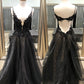 Black v neck lace tulle long prom dress, black evening dress Y1147