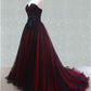 Strapless Black and Red Tulle Sweep Train Prom Dress Y1155