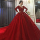 Red Tulle V-neck Long Sleeve Appliques Beading Wedding Dress Ball Gown Y53