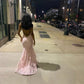 Romantic Pink Backless Sleeveless Lace Mermaid Evening Dresses with Train Y1490
