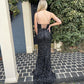 Glitter Mermaid V Neck Straps Black Sequins Prom Dress with Slit Y1495