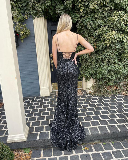 Glitter Mermaid V Neck Straps Black Sequins Prom Dress with Slit Y1495