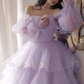 sparkly prom dresses, purple prom dresses, off the shoulder prom dresses, long sleeve prom dresses, tulle prom dress Y507