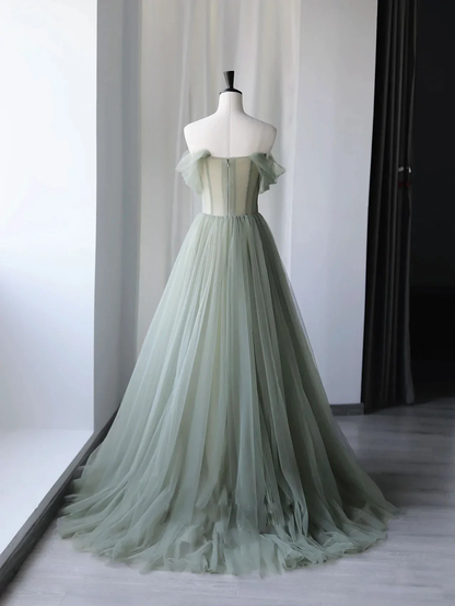 Gray Green Tulle Off Shoulder Long Prom Dress, Gray Green Formal Graduation Dresses Y1292