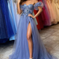 Sparkly Bling High Slit Sweetheart Floral A Line Puffy Sleeves Formal Party Prom Dress Y1862