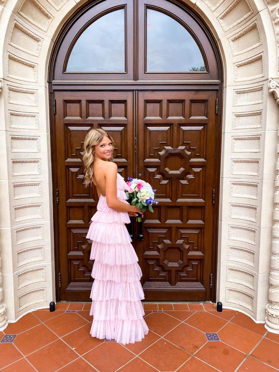 A-line Pink Tulle Tiered Long Prom Dress , Unique Prom Dress Y836