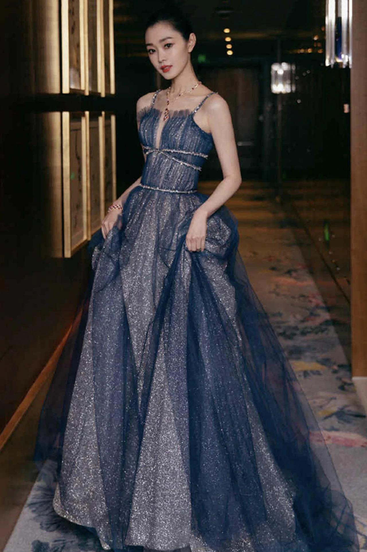 Shiny tulle long A line prom dress blue evening dress Y105