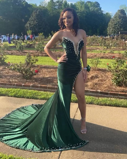 Green Velvet Sexy Strapless Prom Dresses Women Custom Split Long