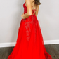 Elegant V Neck A-Line Red Appliqued Long Prom Dress Y761