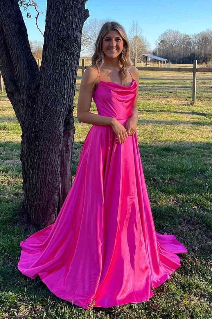 Cowl Neck Green Satin A-Line Formal Dress with Slit,Modest Prom Dress Y1884