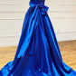 A-line Satin V Neck Royal Blue Prom Dresses Evening Dresses Y1163