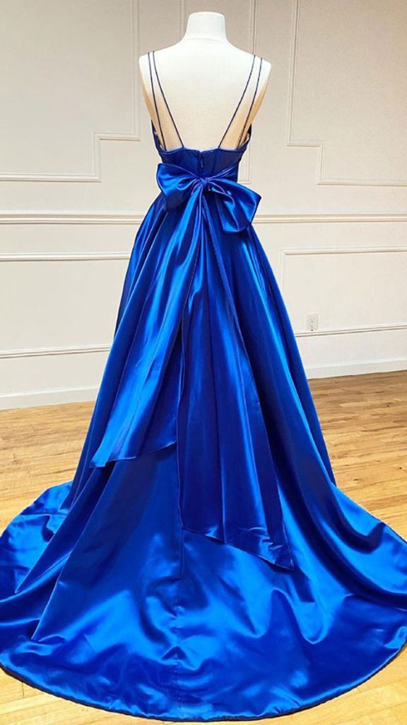 A-line Satin V Neck Royal Blue Prom Dresses Evening Dresses Y1163