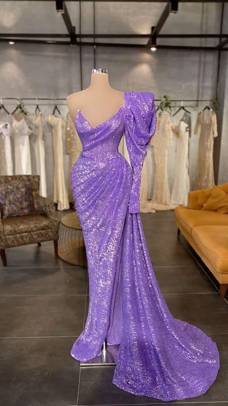 Light Purple Sequins Long Prom Dress Removable Sleeve,Charming Evening Dress Y711