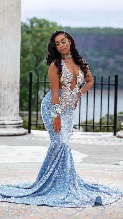 Blue Sequin Mermaid Prom Dress,African Prom Dress,Black Girls Prom Gown Y1497