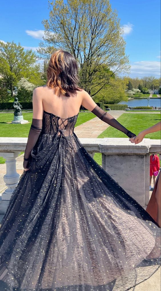 strapless black sparkly layered prom dress,chic black prom gown Y1486