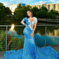 Blue Sequins Long Evening Dress With Train,Sexy Prom Gown For Black Girls Y846