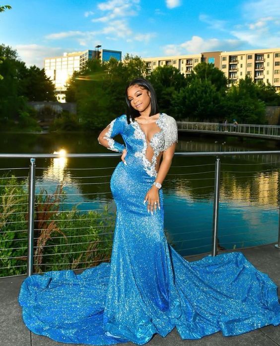 Blue Sequins Long Evening Dress With Train,Sexy Prom Gown For Black Girls Y846