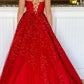Red prom dresses spaghetti straps lace applique a line cheap prom gowns Y805
