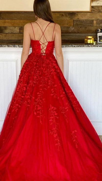 Red prom dresses spaghetti straps lace applique a line cheap prom gowns Y805