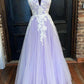 Lavender Tulle Applique Spaghetti Straps Long Dress Tulle Prom Dress Y889