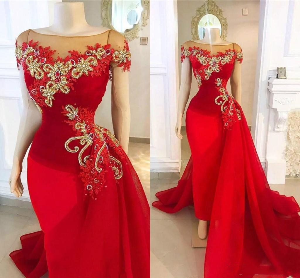 red detachable skirt prom dresses cap sleeve lace applique beaded elegant luxury prom gown Y139