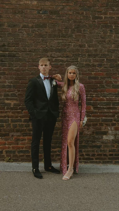 Side Slit Mermaid Sequins Prom Dress Long Sleeves Y140