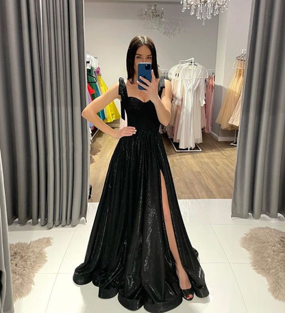 A-Line Black Long Prom Dress With Side Slit Y192